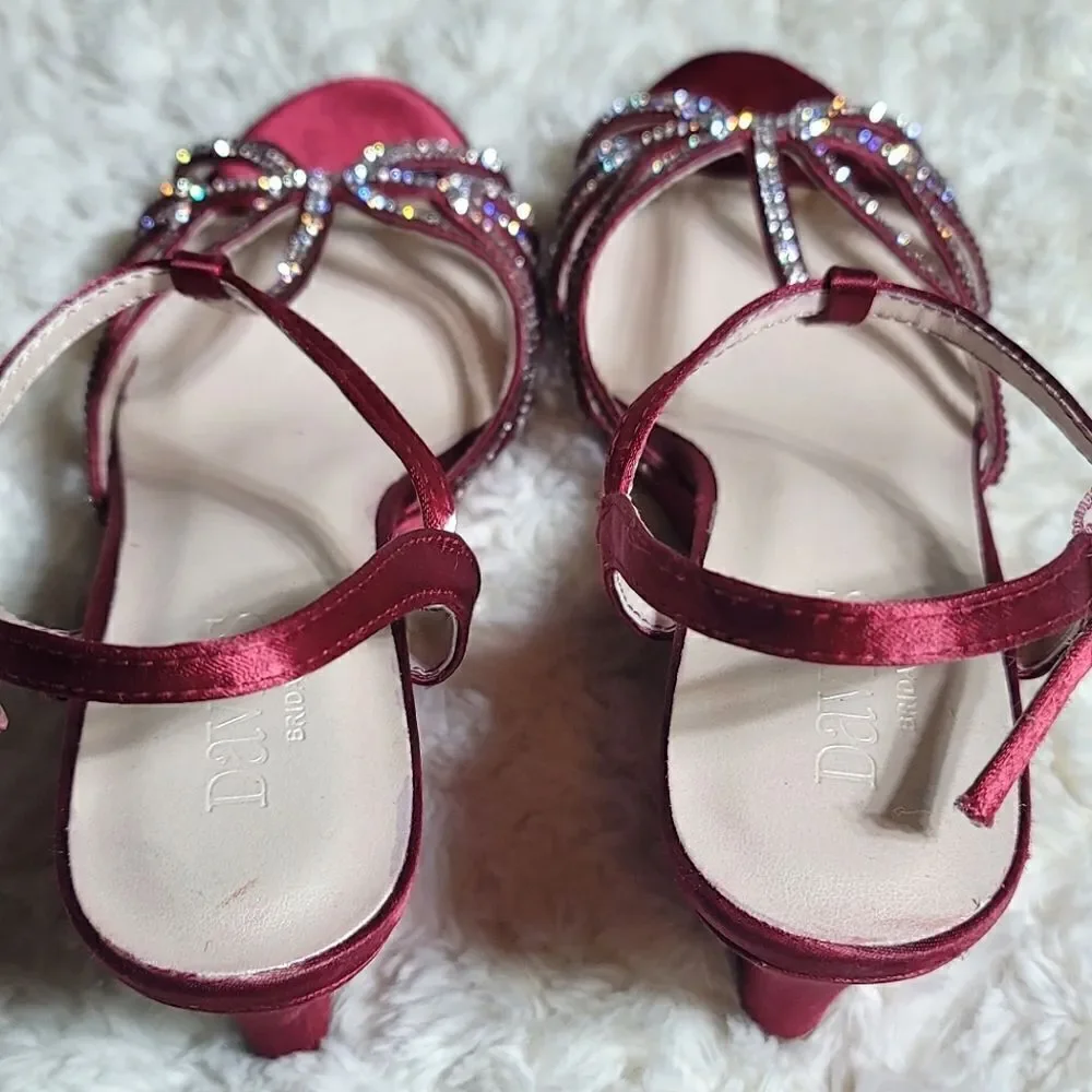 David's Bridal Red Metallic Crystal T-Strap Wedge Heels